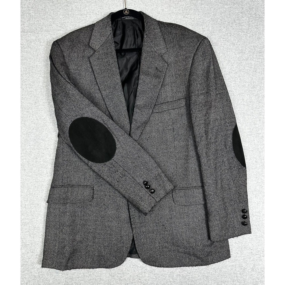 New England Blazer Collection Mens 44R‎ Grey Worsted Wool Tweed Elbow Patches